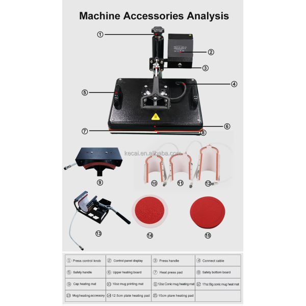 KECAI Manual 29*38 / 38*38cm 8 in 1 Combo Heat Transfer Printing Machine Slide Rail Heat Press Sublimation Machines