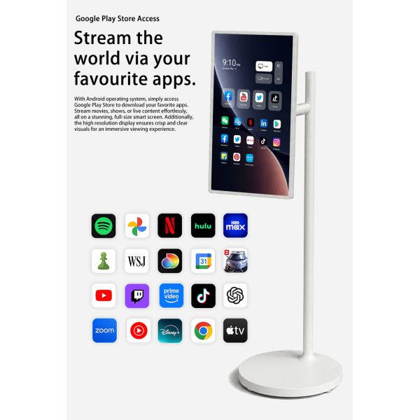 MJK 21.5" White Rechargeable Standing Smart TV with Touch Screen Android 4G+64G Built-In Speaker Portable with Wheels