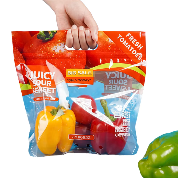 Custom Ventilated Produce Handheld Bag with Food-Grade Material and Gravure Printing for Fresh Vegetable & Fruit Packaging