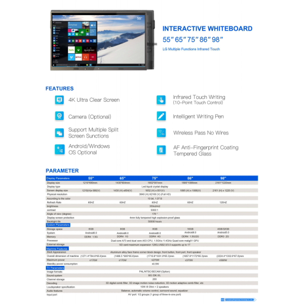 High Quality Professional Anti-Glare Infrared Touch LCD Screen 4K Resolution 20-Touch Points Dual OS Smart Class Interactive MJK
