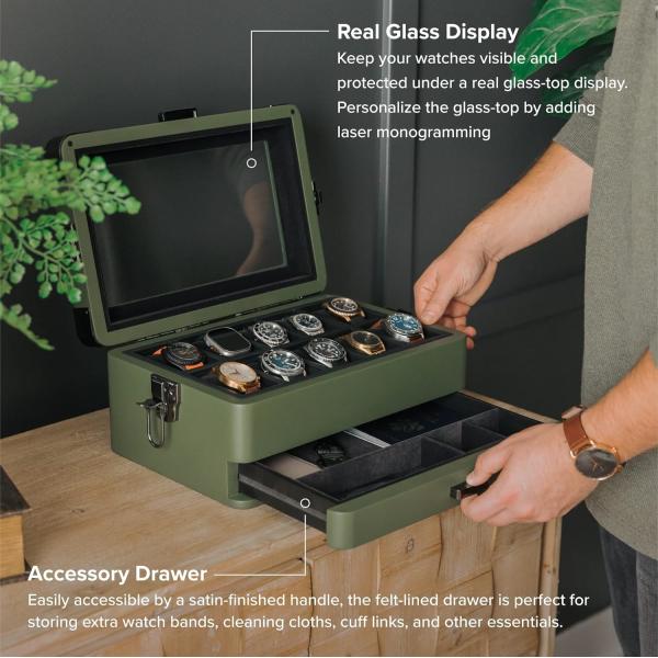 CASE ELEGANCE Military 10 Slot Watch Box Case Organizer for Men, Real Glass Top, Modular Valet Tray,