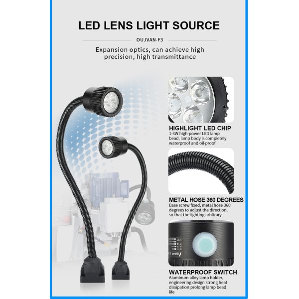 OUJVAN F3 LED Machine Light with 360° Flexible Hose IP67 Waterproof and 50000H Lifespan for Industrial Machines