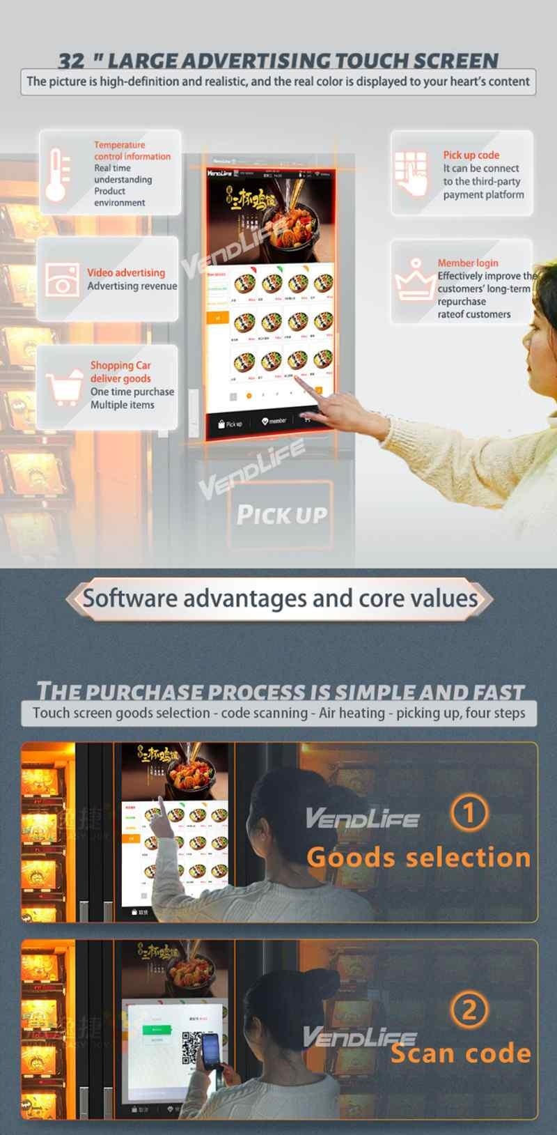 Vendlife mart Bento Vending Machine - Automatic Unmanned Hot Food & Prepared Meal Vendor, Microwave Heating, 32-inch Touch Screen, QR/Card/Cash