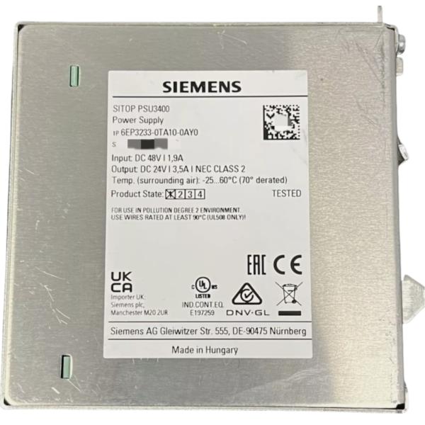 SIEMENS 6EP3233-0TA10-0AY0 SITOP PSU3400 24 V/3.5 A STABILIZED POWER SUPPLY INPUT: 48 V DC (28…60 V)