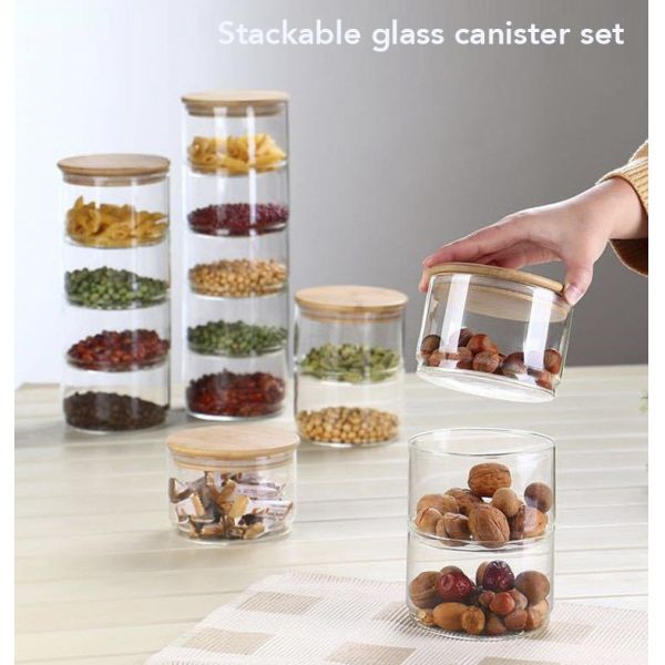 Stackable High Borosilicate Glass Canister with Bamboo Lid for Kitchen Storage 350ml Capacity