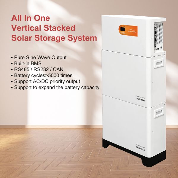 All-in-one vertical stackable solar storage system with 5kWh Lifepo4 lithium batteries for smart and scalable home energy solutions.