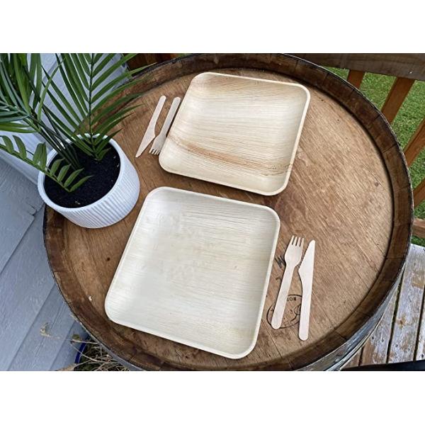 10" Disposable Square Areca Palm Leaf Plates With Fork Knife