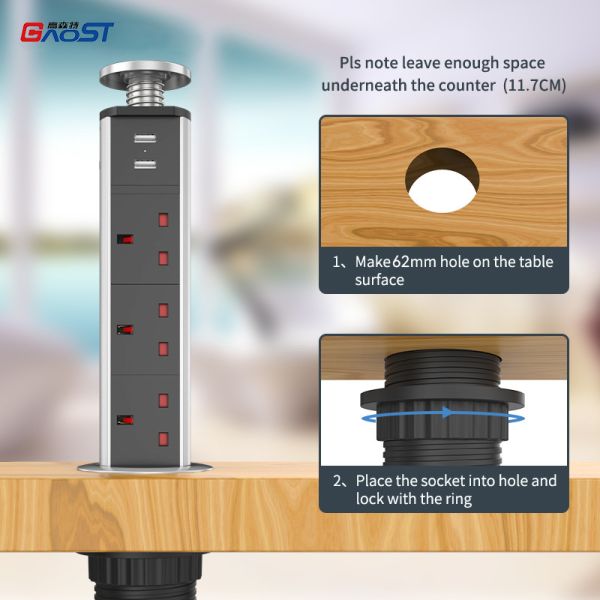 62mm USB C Electrical Hidden Retractable Power Socket UK Outlets