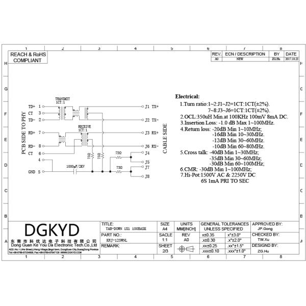 Single Port 10 / 100 base RJ45 with transformer integrated connector module