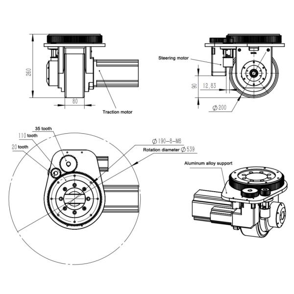 Steerable Low Voltage BLDC AC Motor Drive Wheel With Servo Traction Motor 48V 1000W