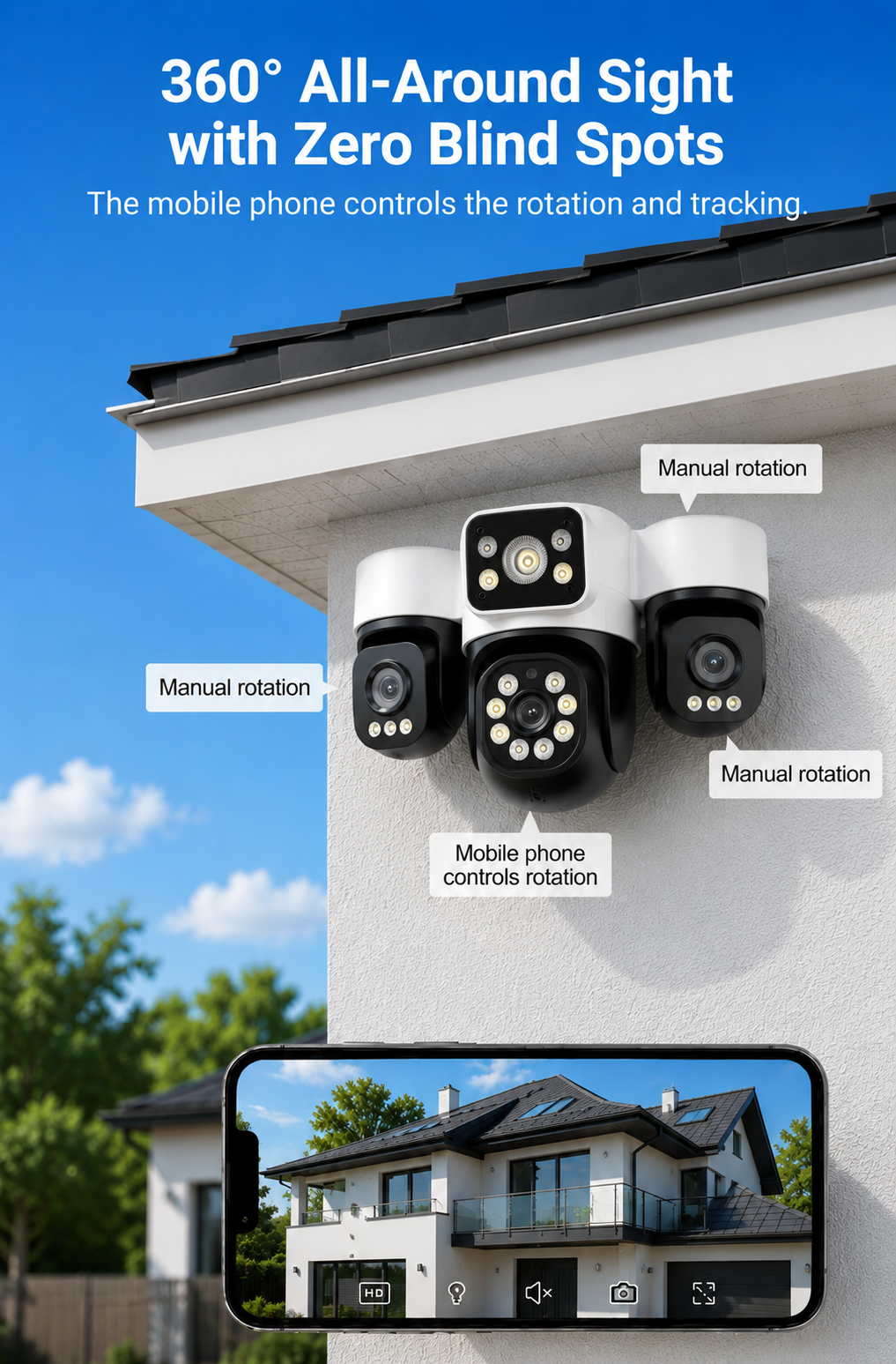 Triple-View Multi-Angle Surveillance 1080P Wi-Fi Network Camera Outdoor Security Camera