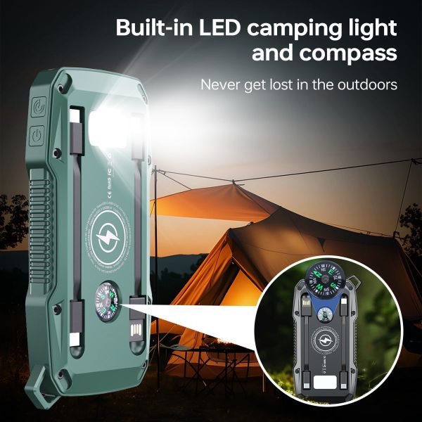 LED Camping Cordless Power Bank 10000mAh 10W Solar Waterproof Outdoor Security Charger