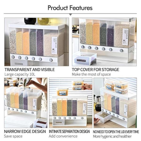 6 Grids Plastic Cereal Storage Box for Kitchen Food