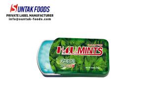 China Spearmint Flavor Slide Tin Box Candy With Xylitol Fresh Breath on sale