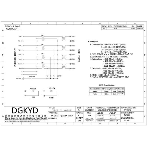 DGKYD311Q070DC2A4DN 25.4mm Network Interface Connector Single Port Gigabit Filter Integrated Transformer 10PIN