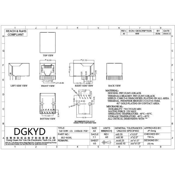 Panel Mount Single Port PoE RJ45 Ethernet Connector with 10/100base-T transformer