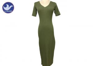 Buy cheap V Neck Short Sleeves Summer Womens Knitted Dresses Green Ribs Design Viscose Nylon product