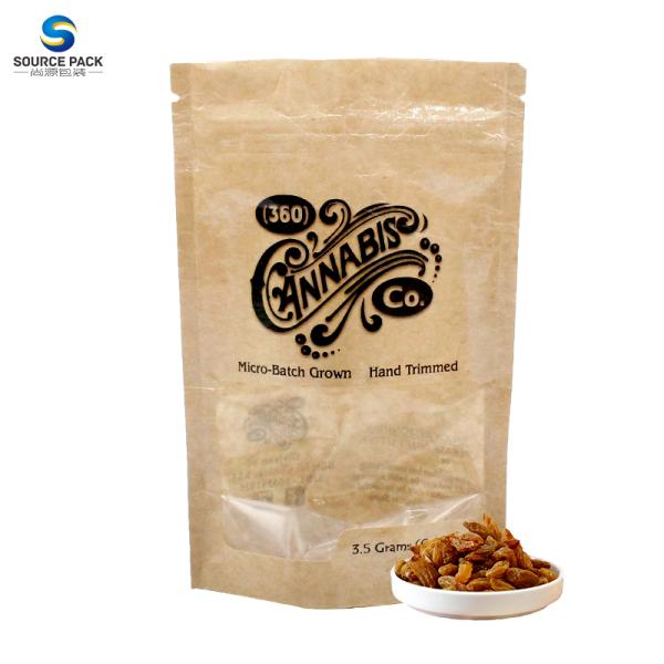 110-160 Micron Custom Edible Packaging Weed Bags Zipper Kraft Paper Pouch With Window