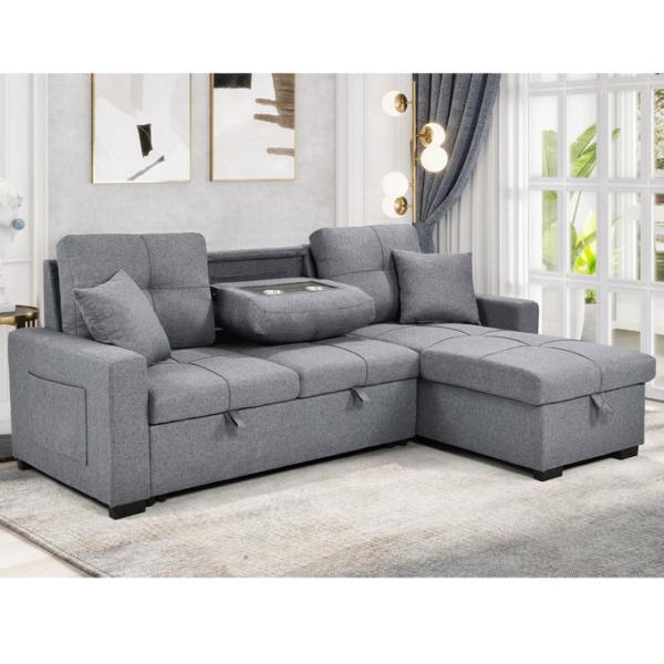 L-Shaped Reversible Sectional Sleeper Sofa with Pull-Out Bed and Storage,Gray Fabric