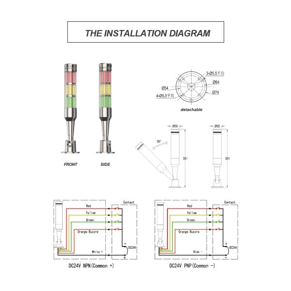 OUJVAN Q4I Tricolor LED Signal Light IP54 | 90° Foldable Base Tower Warning Light with 95dB Buzzer for CNC Automation Equipment