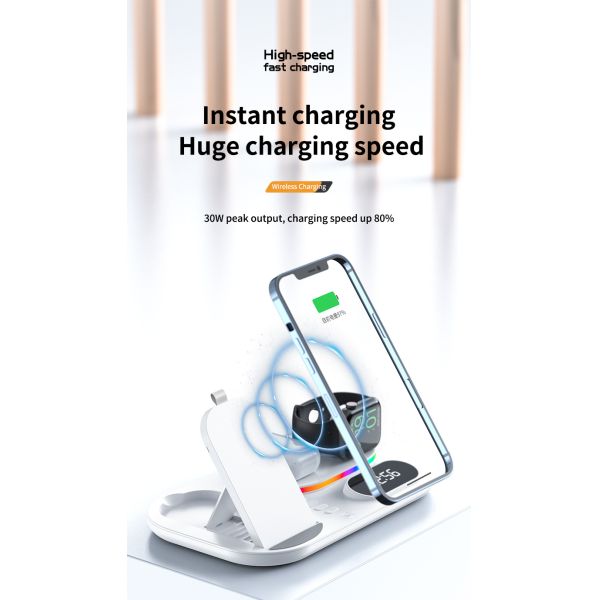 LED Digital RGB Alarm Clock 4 In 1 Folding Wireless Charging Station Dock Stand For Xiaomi Samsung iPhone Wireless Charger