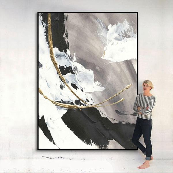 Canvas Support 100% Hand Made Nordic Black White Gray Custom Hand Painted Abstract Oil Painting for Living Room Decoration