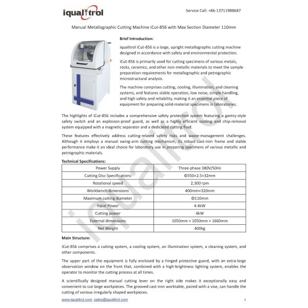 Disc Diameter 350mm Manual Metallographic Sample Cutting Machine with Water Cooling
