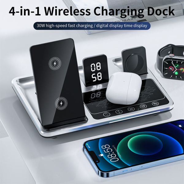 3-in-1 Wireless Charging Station Desk Digital Clock Phone Stand Night Light Fast Wireless Charger Magnetic Dock