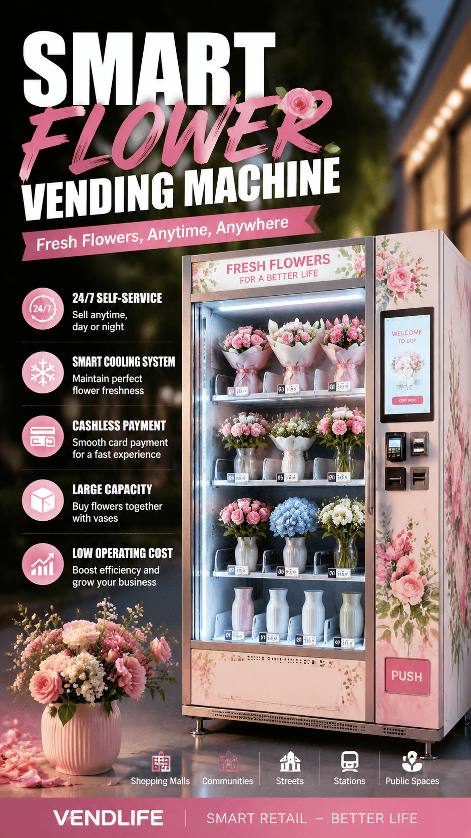 Commercial Flower Vending Machine with Temperature-Controlled Freshness, Automatic Self-Service Shopping, Card Payment and Customizable Flower Storage