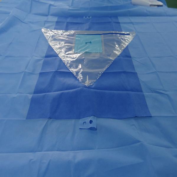 Blue SMS Knee Arthroscopy Orthopedic Drape With Collection Pouch and Elastic Fenestration