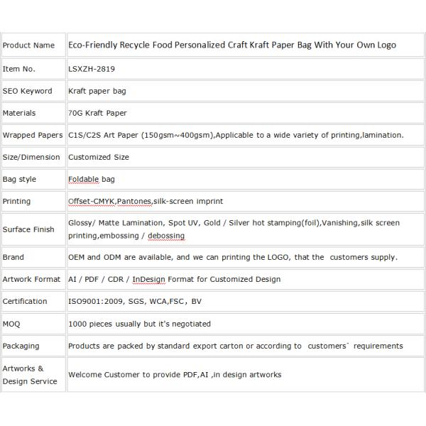 Eco Friendly Craft Kraft Paper Bag Food Personalized With Your Own Logo