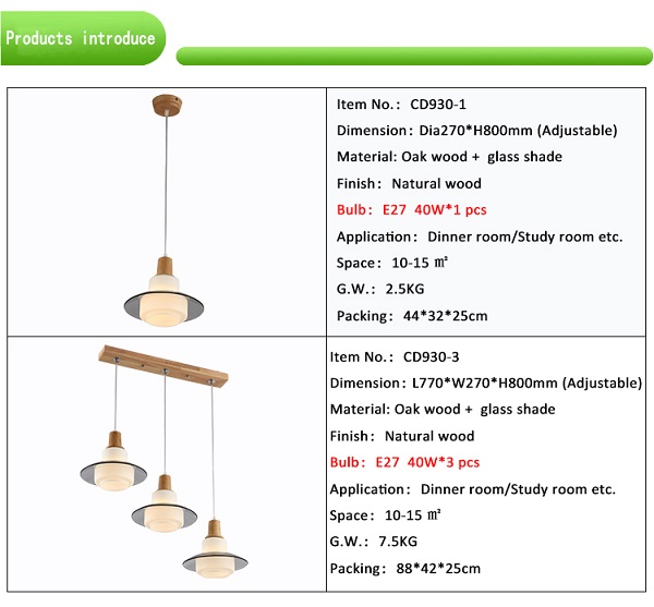 Oak wood dinner room pendant lamp with 3heads glass shade E27 socket wood imported