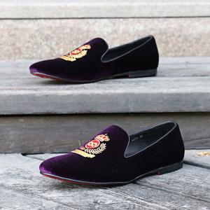 Buy cheap Various Occasions Mens Brown Leather Loafer Shoes , Crown Embroidered Velvet Slipper product