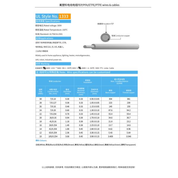 Stranded Conductor UL1333 Heating Resistant Electrical Cable with FEP Insulation 300V