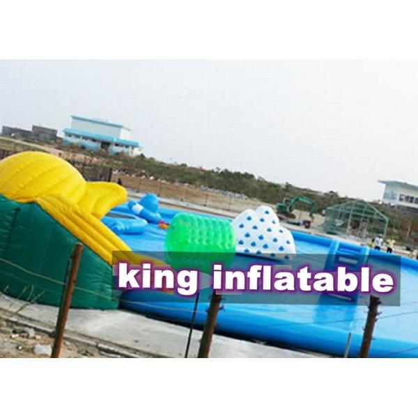 Custom 0.9mm PVC Inflatable Water Parks Pool With Slide And Toys On Land