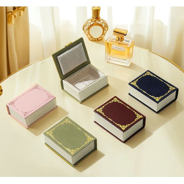 Vintage Book Style Mini Ring Box with Premium Microfiber and Compact 4.0 × 5.6 × 2.2 cm Size for Jewelry Display