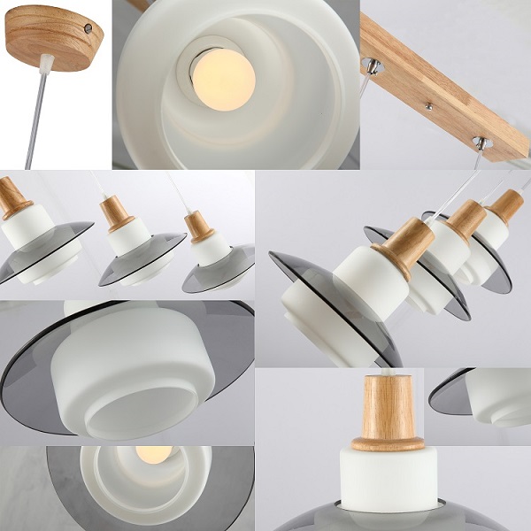 Oak wood dinner room pendant lamp with 3heads glass shade E27 socket wood imported