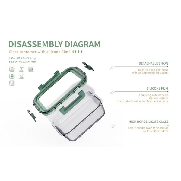IKOO 1800ml Rectangular Glass Food Container with Detachable Silicone Lid