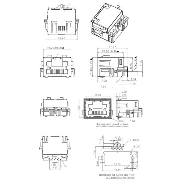 1 x 1 Single Port Tab Up RJ45 Without Magnetics Through Hole Mounting