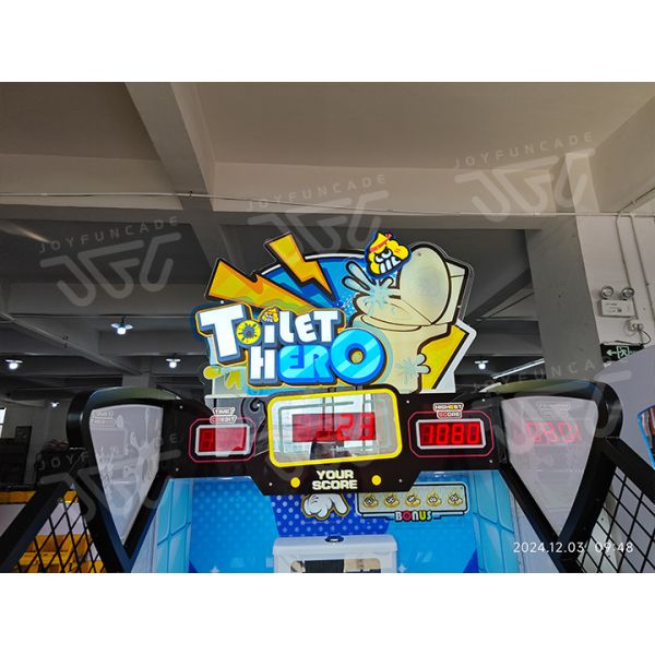 Toilet Hero arcade machine side view displaying full height and LED lighting