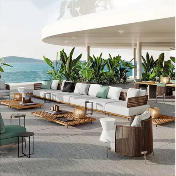 Restaurant PE Boho Rattan Coffee Table Coffee Aluminum All Weather Wicker Patio Table Chair