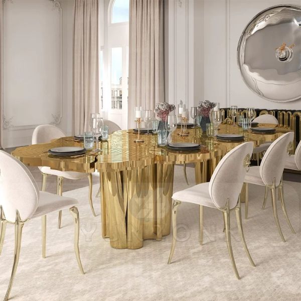 Modern Luxuriously Designed Tree- Trunk Shaped Gold Metal Dining Table for Hotels Weddings and Villas