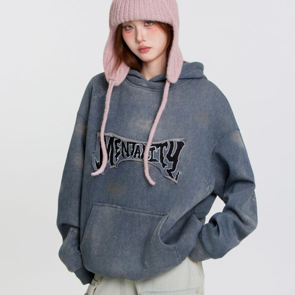 Support Customization Winter High Street Stickers Graffiti Dirt Stains Denim Oversized Hoodies Men's 3D Embroidery Heavy-duty