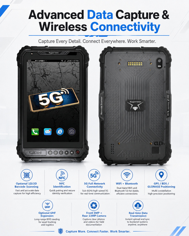 Wireless Rugged Tablet with WiFi Bluetooth and GPS 8 Inch for Field Data and Team Work