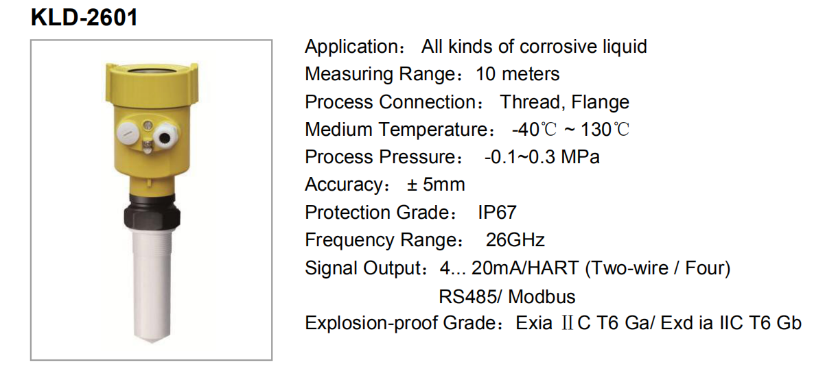 KLD 26GHz Series 4 - 20mA HART Radar Level Meter Solid Particles Level Meter