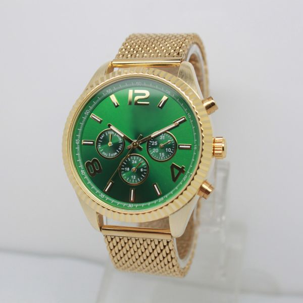 Stainless Steel Mesh Band Alloy Wrist Watch Green Dial Elegant