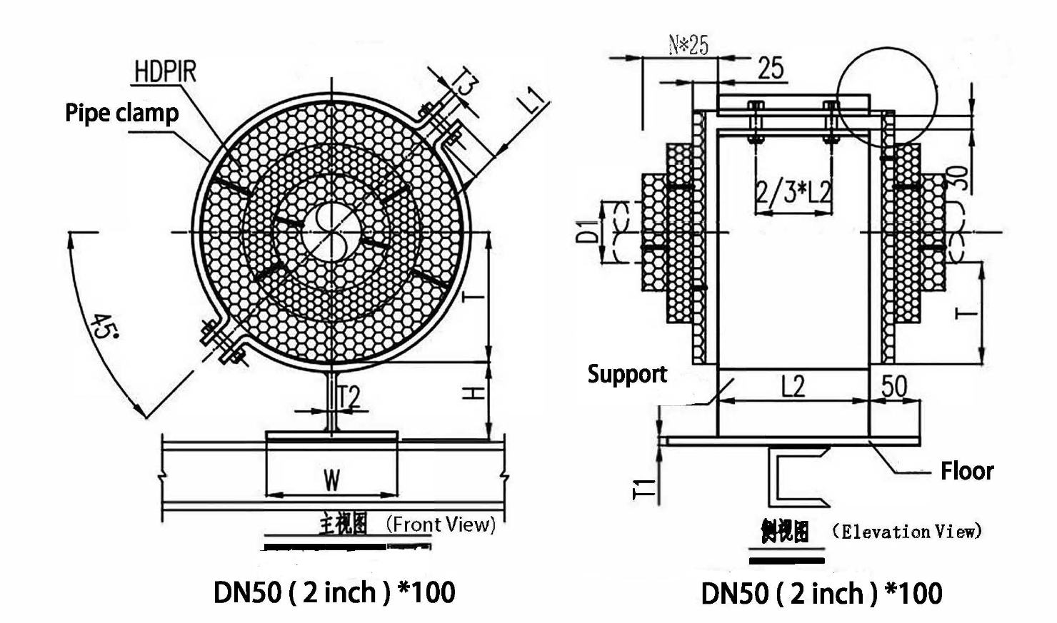 Good Thermal Stability Sliding Pipe Support , Cryogenic Pipe Supports,DN50 ( 2 inch) *100