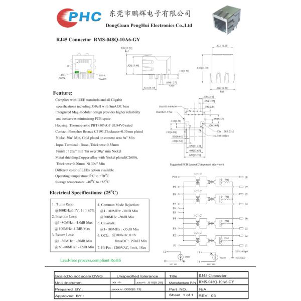 RMS-048Q-10F6-GY , Shielded Magnetic RJ45 Jack Insert Plating 10P 1x1 Port With LED And Spring