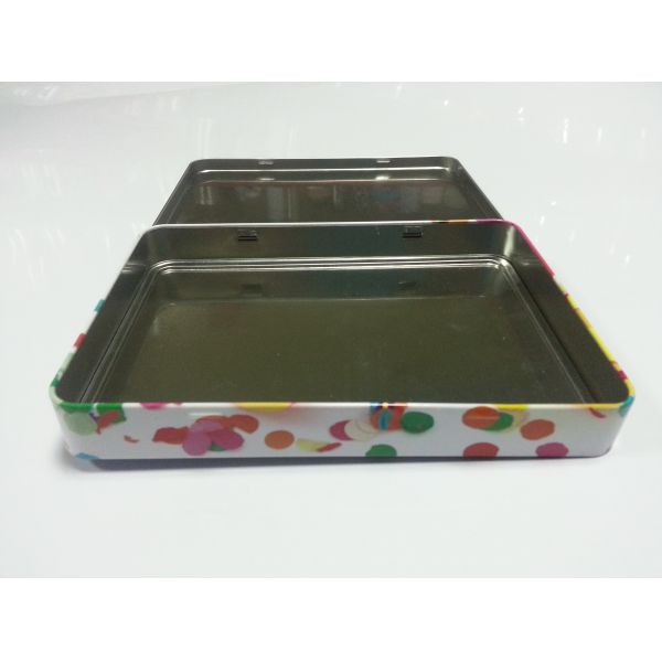 Colorful Tin Candy Container With Seated Base And Hinge , White Bottom