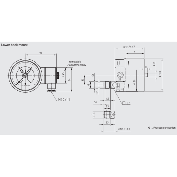 304SS Lower Back Mount Pressure Gauge 40 MPa 100mm Panel Mount